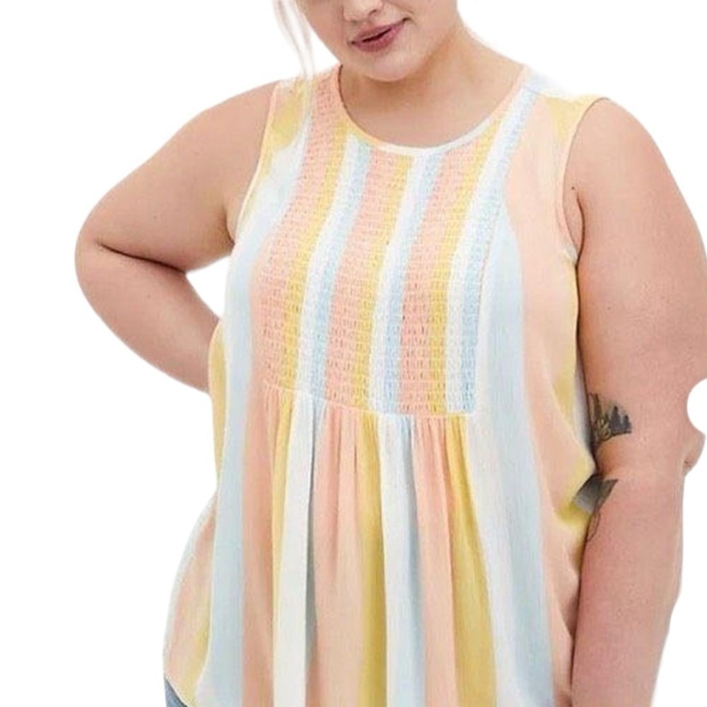 Torrid‎ Multi Pastel Rainbow Striped Gauze Smocked Tank Top Lightweight Size 2X